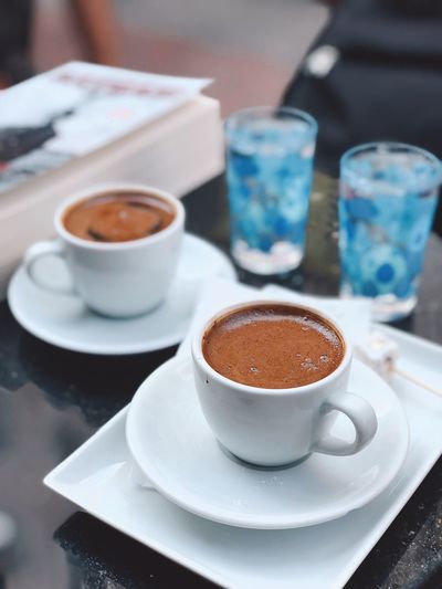 Close-up of coffees served on table