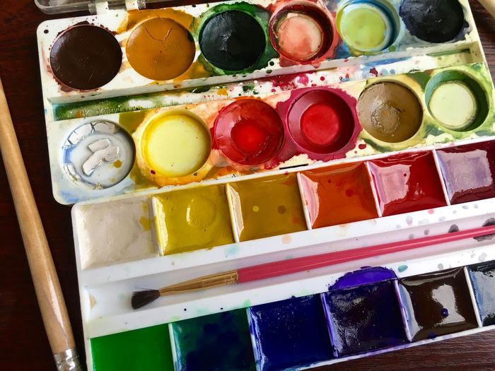 Close-up of watercolor palette on table
