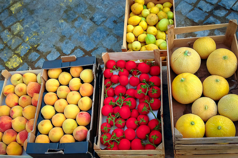 High angle view of fruits in crate at market stall