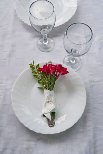 High angle view of place setting on table