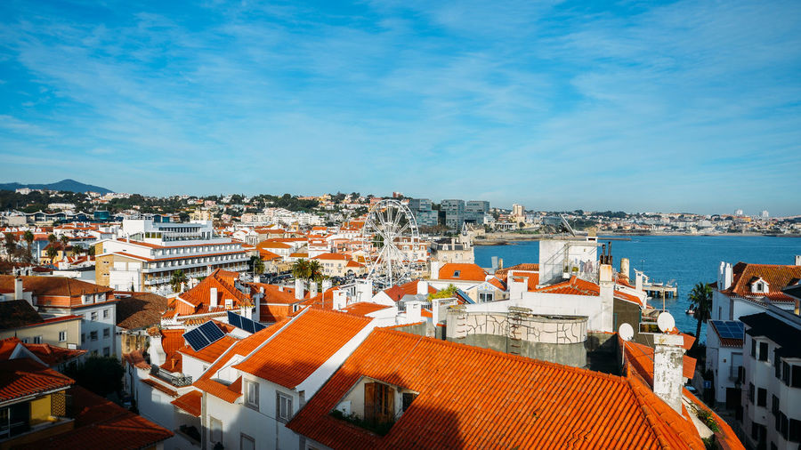 High perspective view of cascais bay near lisbon, portugal 