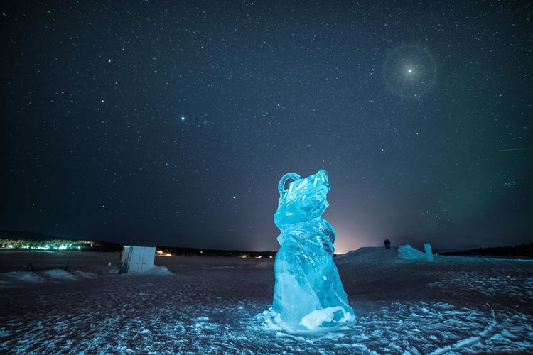 Ice sculpture on snow covered landscape at night