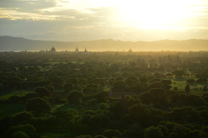 Skyline of bagan, the world heritage site in the dawn of a sunset