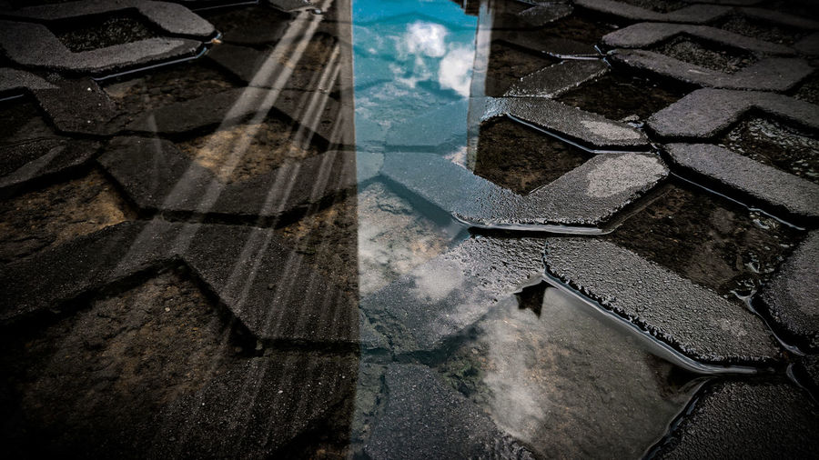 High angle view of puddle on street