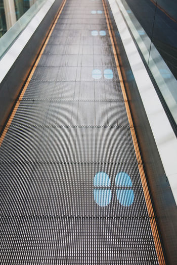 Footprints printed on the escalator for social distancing