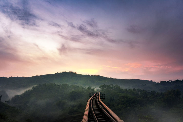 High angle view of railroad track against sky during sunset