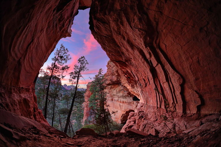 Trees and sky seen through cave during sunset