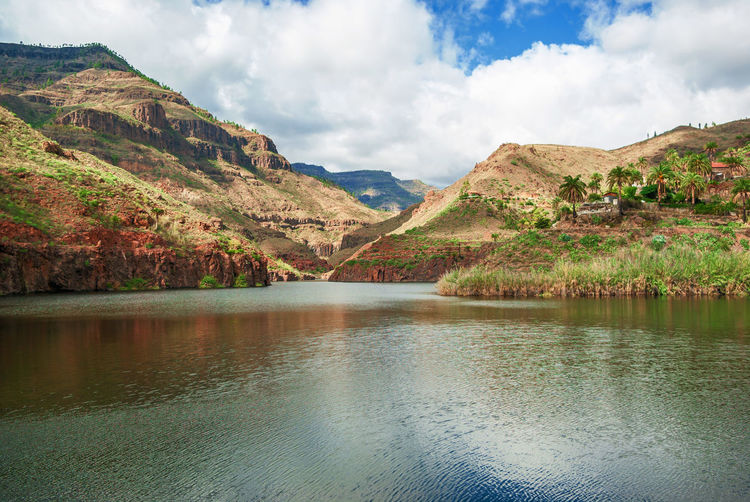 Scenic view of lake by mountains against sky
