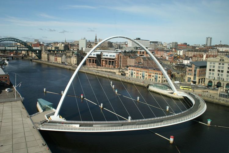 High angle view of gateshead millennium bridge over river tyne