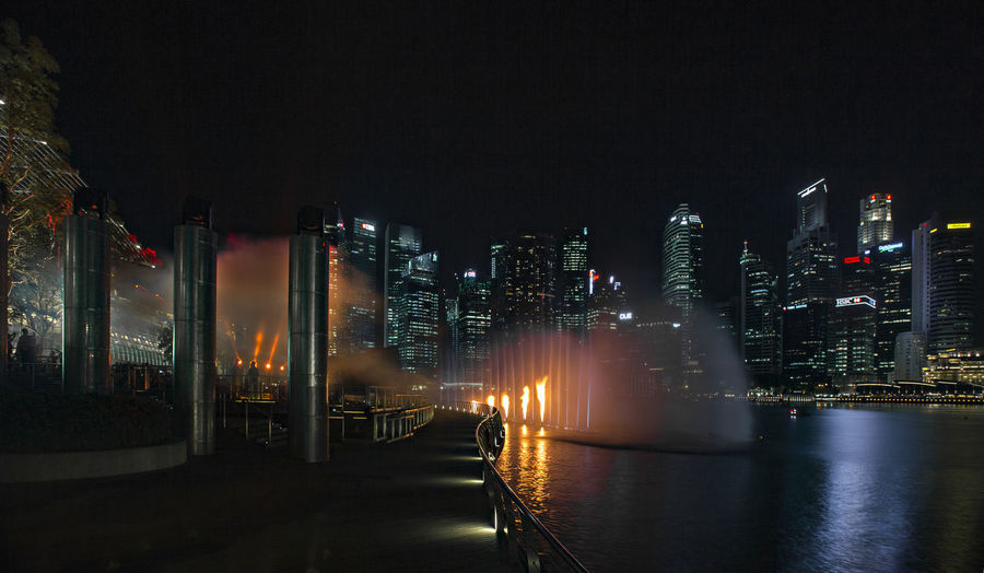 Illuminated city buildings at night