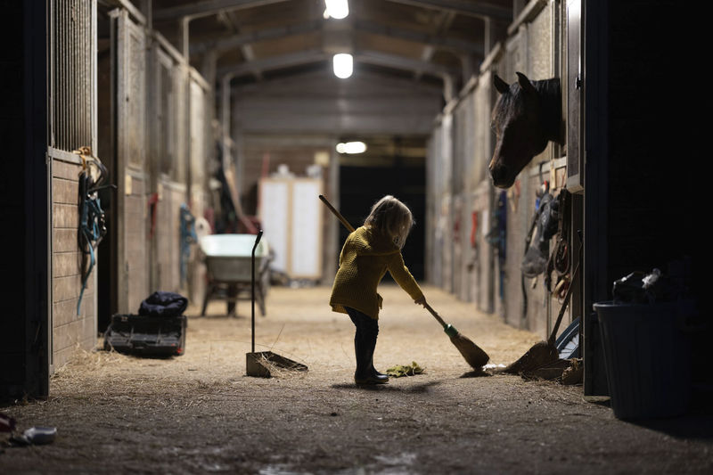 Girl sweeping illuminated stable with broom