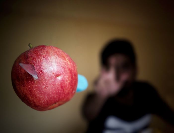High angle view of woman holding apple