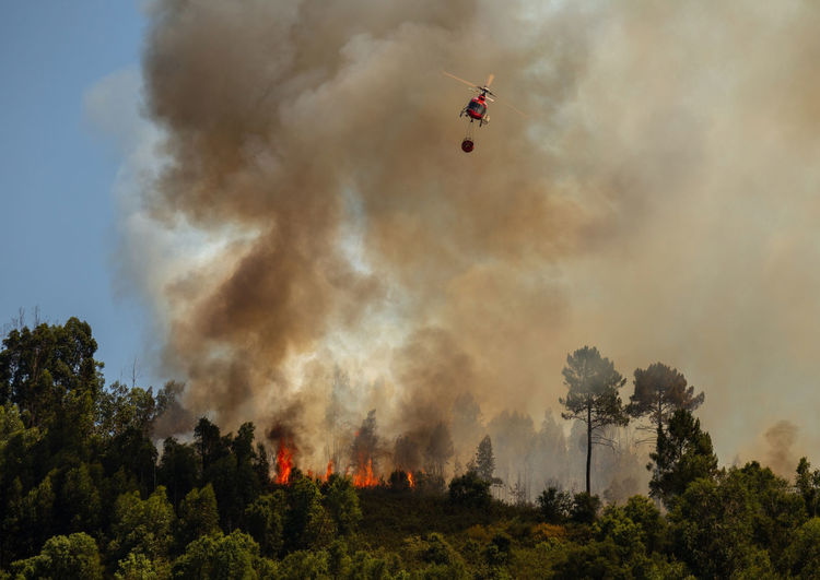 Firefighter helicopter fighting against a forest fire during day in braga, portugal.