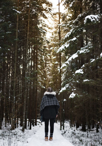 Rear view of woman walking in forest during winter