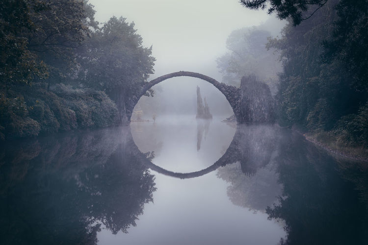 Arched bridge with reflection along trees