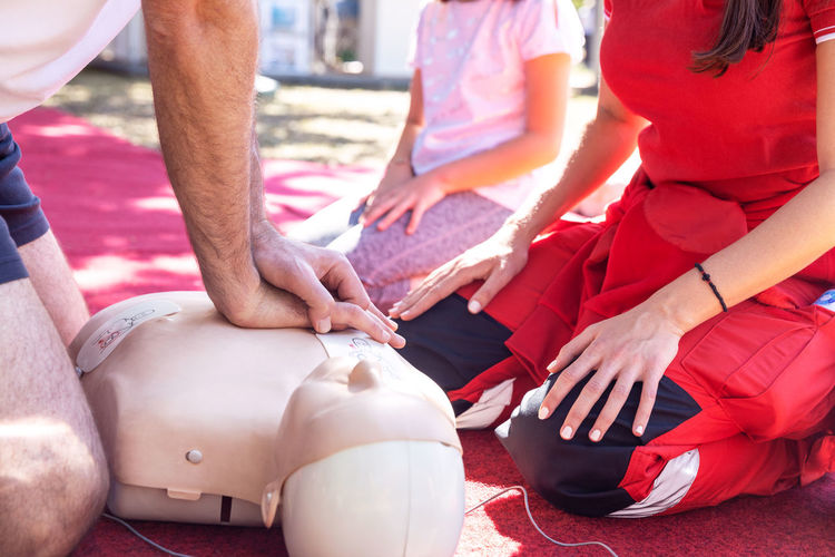 First aid and cpr training using automated external defibrillator device - aed