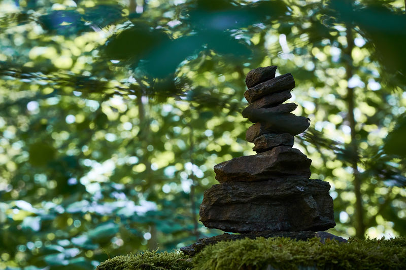 Stack of stones against trees