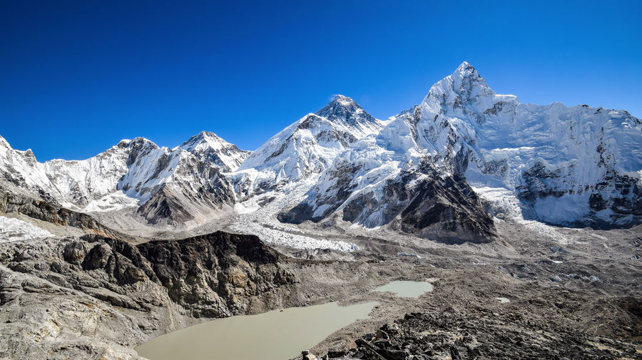 Panoramic view of nuptse and mount everest seen from the khumbu glacier