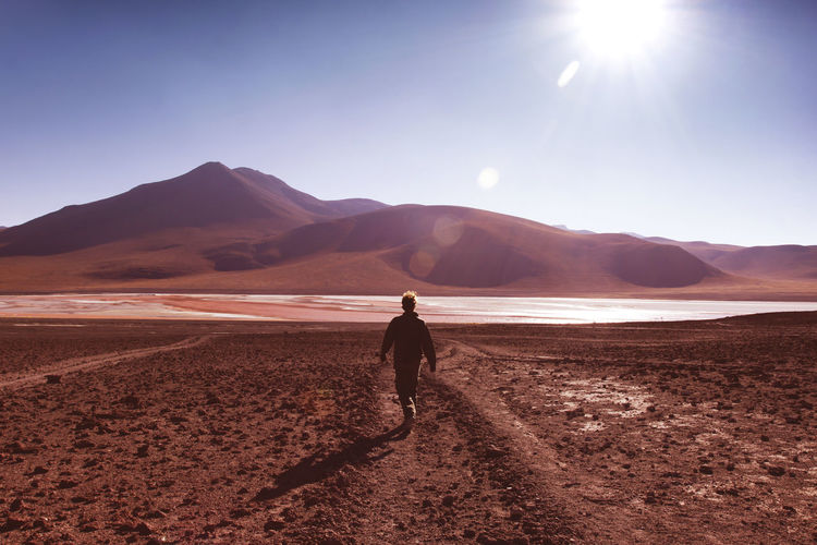 Rear view of man walking against mountains at desert