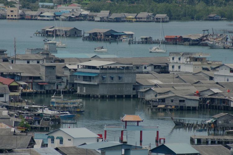 High angle view of buildings at harbor