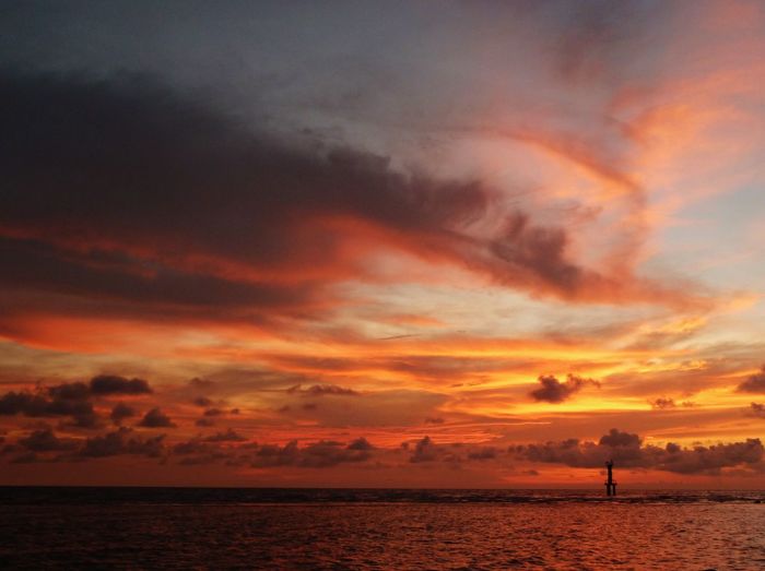 Scenic view of sea against cloudy sky during sunset
