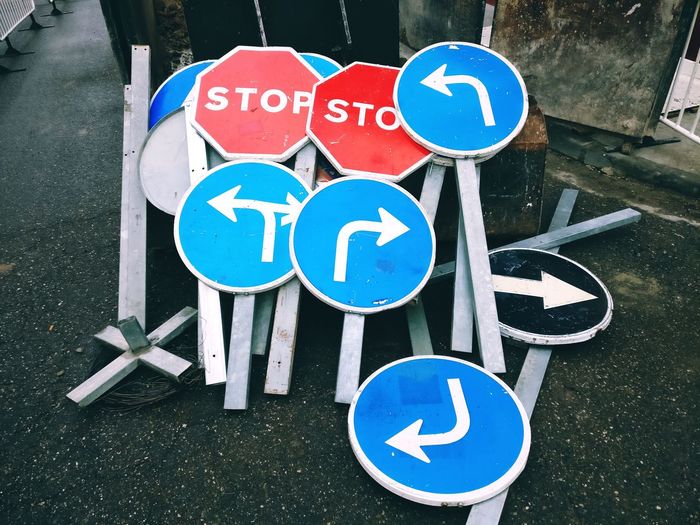 High angle view of road sign on street