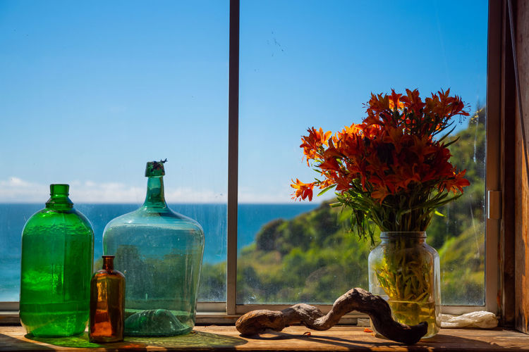 Flower vase on table by window against blue sky