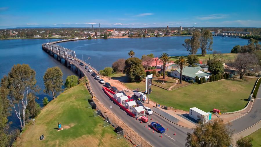 Long line of traffic stretching across the bridge on the border between victoria and new south wales