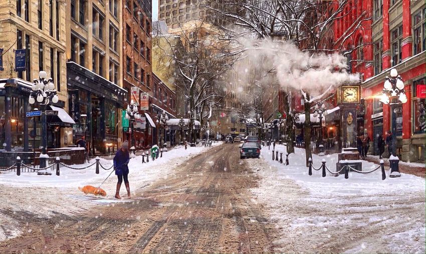 People on city street during winter