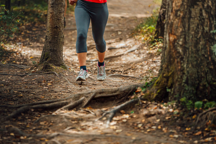 Legs female runner running forest trail