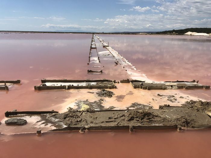 Scenic view of pink salt lake