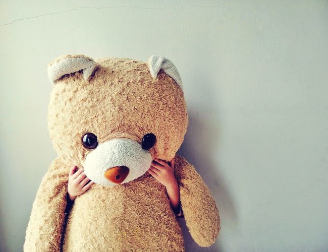 Cropped hands of child holding teddy bear against wall