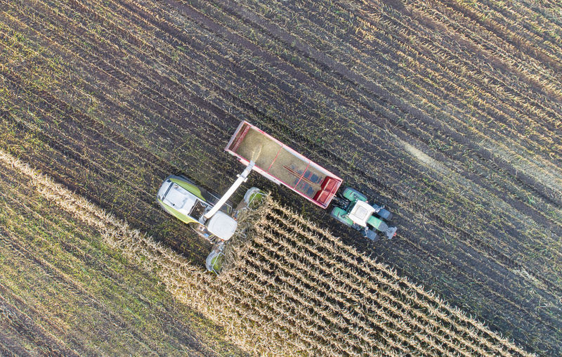 High angle view of tractor on field