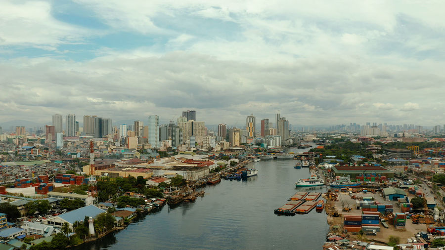 Aerial view of panorama of manila city. skyscrapers and business centers in a big city. 