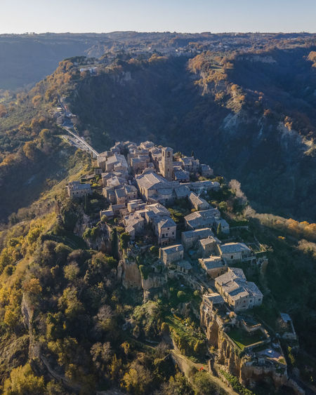 Aerial view of civita di bagnoreggio, a beautiful old town with badlands 
