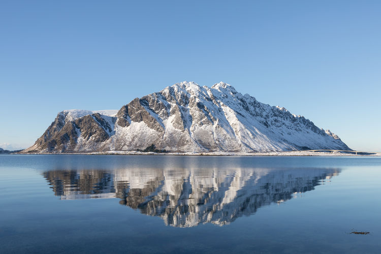 Scenic view of lake and snowcapped mountains against clear blue sky