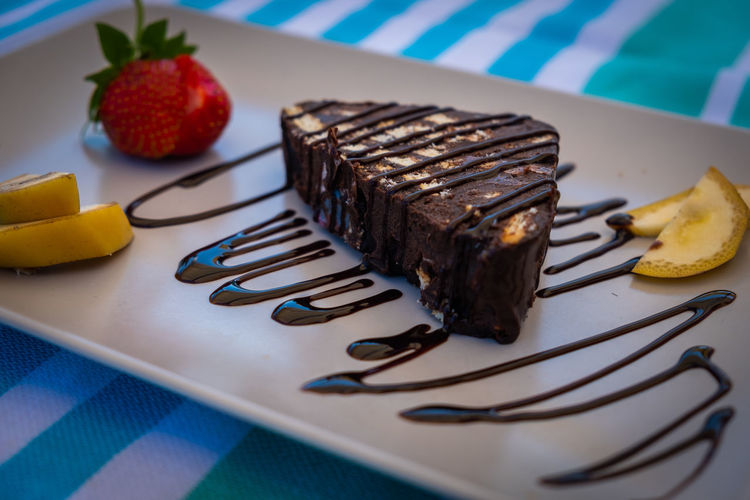 High angle view of chocolate cake on plate