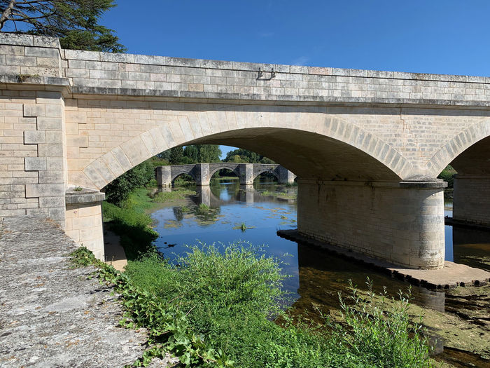Arch bridge over river against clear blue sky