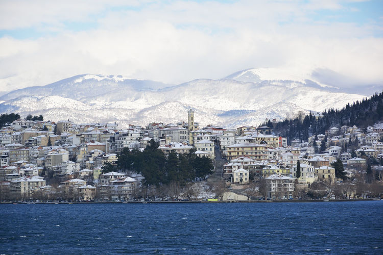 Kastoria in greece covered with snow and lake of orestiada