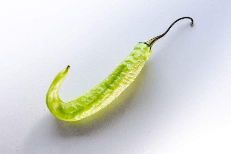 High angle view of green chili pepper against white background