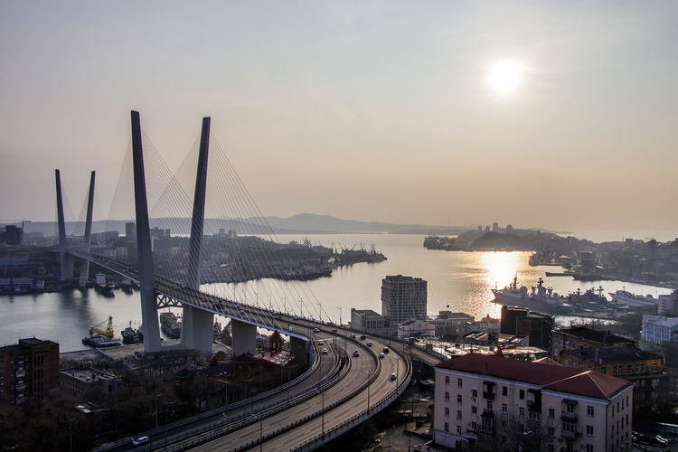 Vladivostok russia. view from the eagle hill on the golden bridge and the golden horn bay