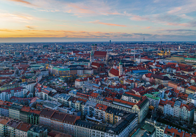 Aerial view of munich with frauenkirche and st. peter's church in the center. munich, germany
