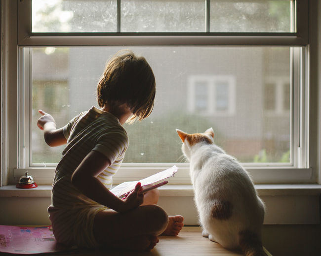 A little girl sits on a bench with a cat looking out window together