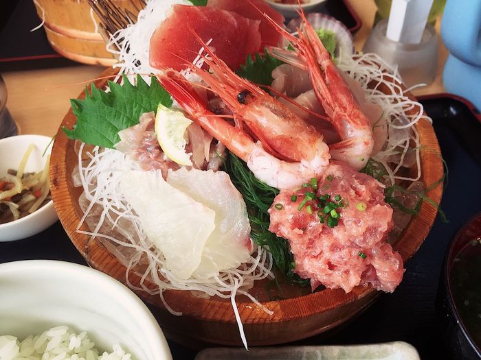 High angle view of seafood on table