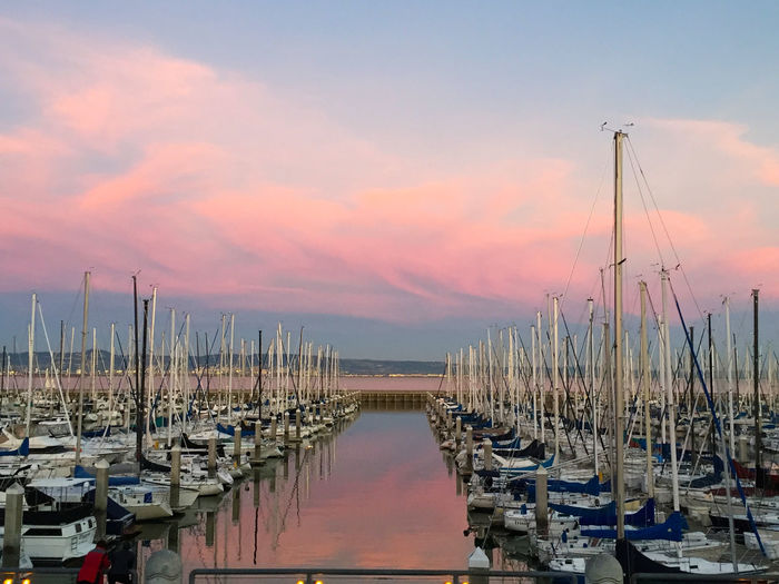 Boats moored at harbor during sunset