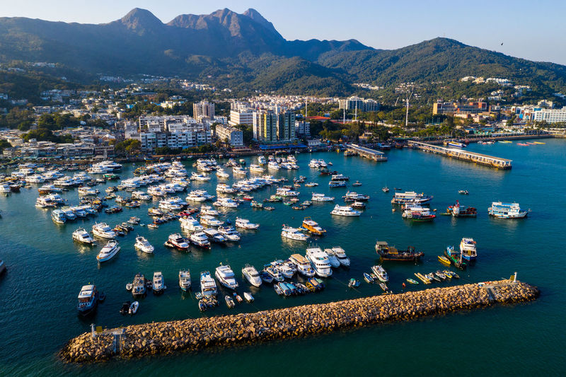 Aerial view of boats moored in harbor