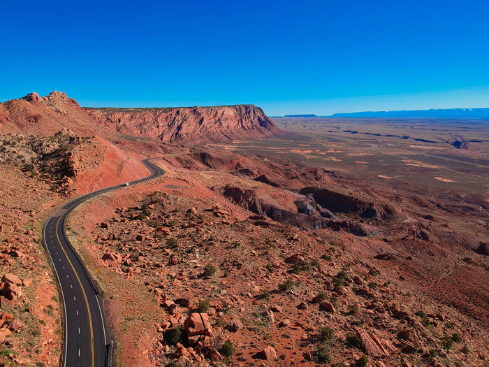 Scenic view of desert against clear blue sky