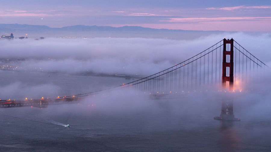View of suspension bridge in city