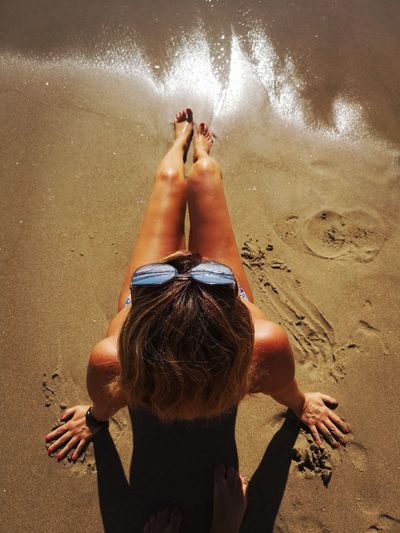 High angle view of woman on beach