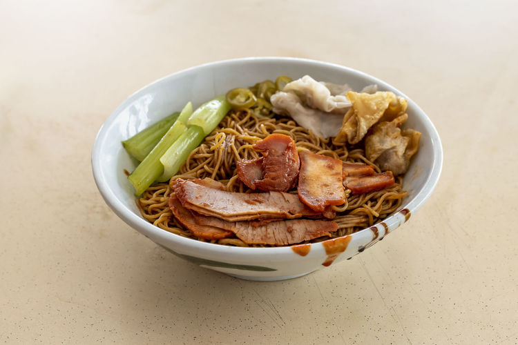 High angle view of food served on table